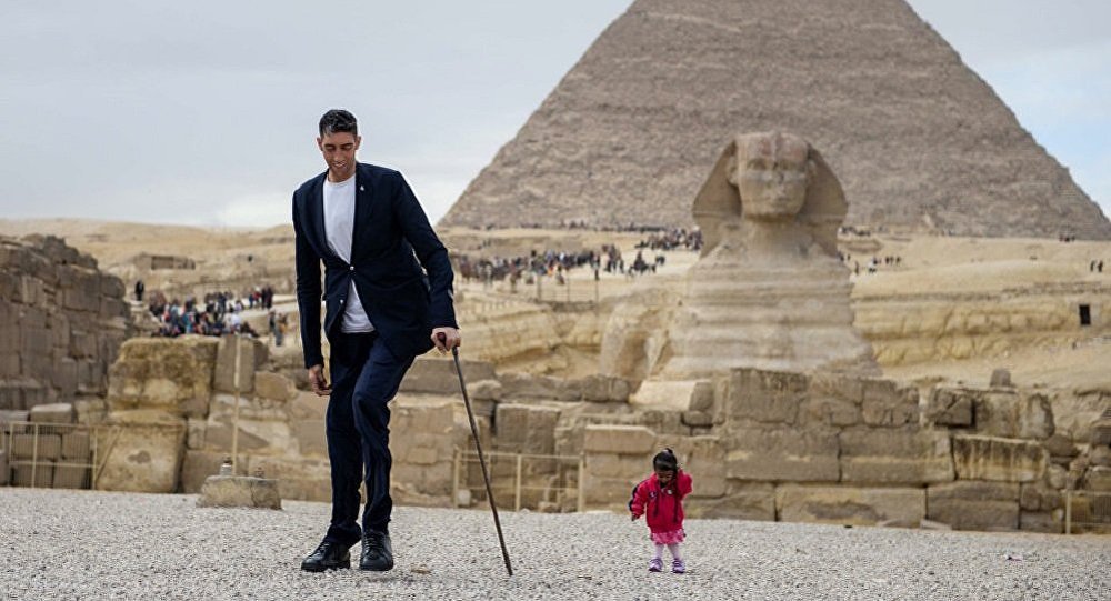 世界巨高男和袖珍女在埃及相会
