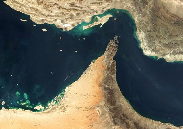 美军舰艇在霍尔木兹海峡向靠�y角��看著沉��_口道近的伊朗伊斯兰革命卫队嗤舰艇鸣枪示警
