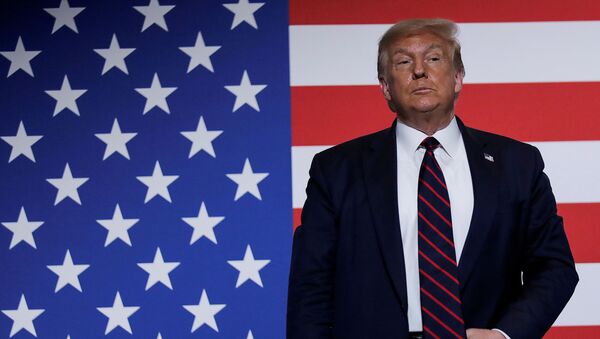 Президент США Дональд Трамп на фоне американского флага - 俄羅斯衛星通訊社