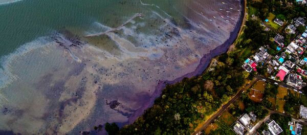 Вид сверху на последствия утечки нефти с судна MV Wakashio, севшего на мель у побережья юго-восточного Маврикия - 俄羅斯衛星通訊社