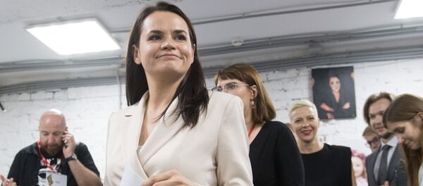 Кандидат в президенты Белоруссии Светлана Тихановская на пресс-конференции в Минске.  - 俄羅斯衛星通訊社