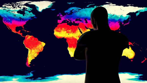 Человек смотрит на карту глобального потепления Земли - 俄罗斯卫星通讯社
