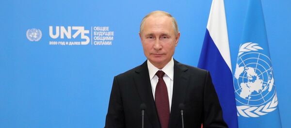 Президент РФ Владимир Путин во время выступления с видеообращением на 75-й сессии Генеральной ассамблеи Организации Объединенных Наций - 俄羅斯衛星通訊社