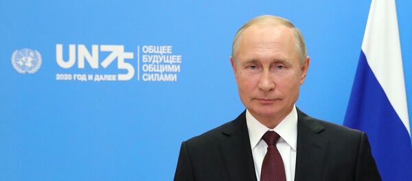 Президент РФ Владимир Путин во время выступления с видеообращением на 75-й сессии Генеральной ассамблеи Организации Объединенных Наций.  - 俄罗斯卫星通讯社