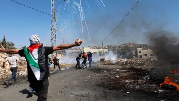 Палестинские демонстранты убегают от слезоточивого газа, примененного израильскими войсками во время акции протеста - 俄羅斯衛星通訊社
