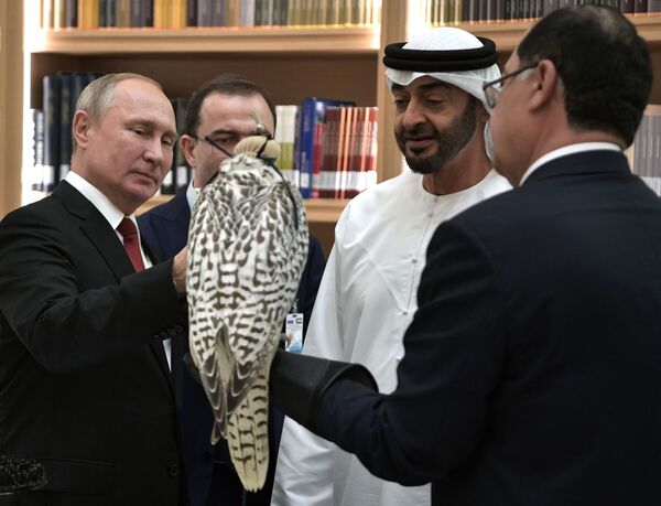 俄羅斯總統弗拉基米爾•普京向阿布扎比王儲、阿聯酋武裝部隊副最高指揮官穆罕默德•本•扎耶德•阿勒納哈揚贈送白色獵鷹 - 俄羅斯衛星通訊社