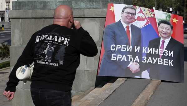 Мужчина на фоне плаката с изображением глав Сербии и Китая - 俄罗斯卫星通讯社