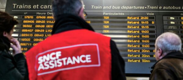 People stand next to a member of SNCF customer service staff in front of a board displaying departure information indicating that all trains have been delayed at Lyon-Part-Dieu railway station in Lyon - 俄罗斯卫星通讯社