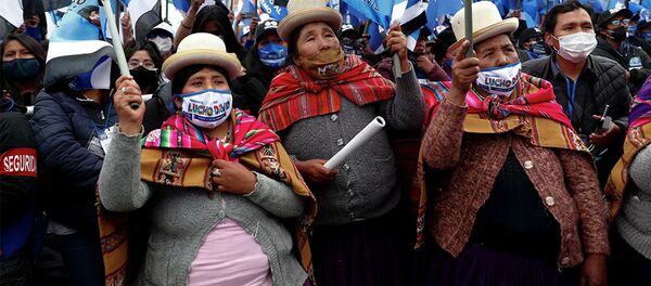 Сторонники Луиса Арсе, который баллотируется в президенты от партии Движение к социализму принимают участие в заключительном предвыборном митинге в Эль-Альто, Боливия - 俄罗斯卫星通讯社