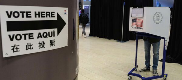 Избиратель во время досрочного голосования на выборах президента США в спортивном комплексе Мэдисон-сквер-гарден в Нью-Йорке - 俄罗斯卫星通讯社