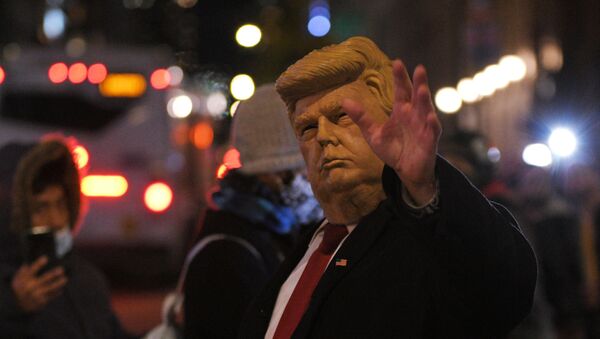 Человек в маске Дональда Трампа общается с прохожими у Башни Трампа в Нью-Йорке в день выборов президента США - 俄罗斯卫星通讯社