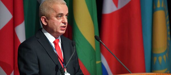 Руководитель межведомственного координационного штаба по возвращению беженцев и внутренне перемещенных лиц Михаил Мизинцев выступает на Международной конференции по возвращению сирийских беженцев в Дамаске.  - 俄羅斯衛星通訊社