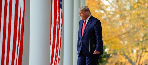 U.S. President Donald Trump walks down the West Wing colonnade from the Oval Office to the Rose Garden to deliver an update on the so-called Operation Warp Speed program, the joint Defense Department and HHS initiative that has struck deals with several drugmakers in an effort to help speed up the search for effective treatments for the ongoing coronavirus disease (COVID-19) pandemic, at the White House in Washington, U.S., November 13, 2020.  - 俄罗斯卫星通讯社