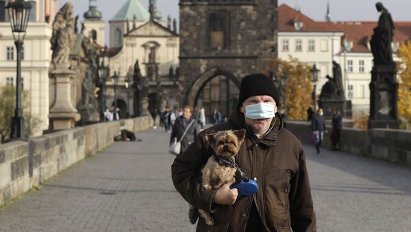 Мужчина в защитной медицинской маске на Карловом мосту в Праге, Чехия - 俄羅斯衛星通訊社