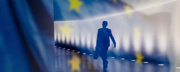 Отражение мужчины на фоне флага ЕС Отражение мужчины на фоне флага ЕС - 俄羅斯衛星通訊社