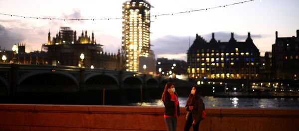 Люди в масках на фоне здания парламента в Лондоне - 俄罗斯卫星通讯社