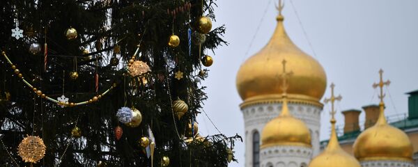 Украшение новогодней елки на Соборной площади Московского Кремля - 俄罗斯卫星通讯社