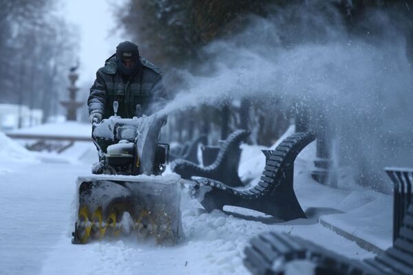 Сотрудник коммунальных служб убирает снег в парке Северного речного вокзала в Москве - 俄罗斯卫星通讯社