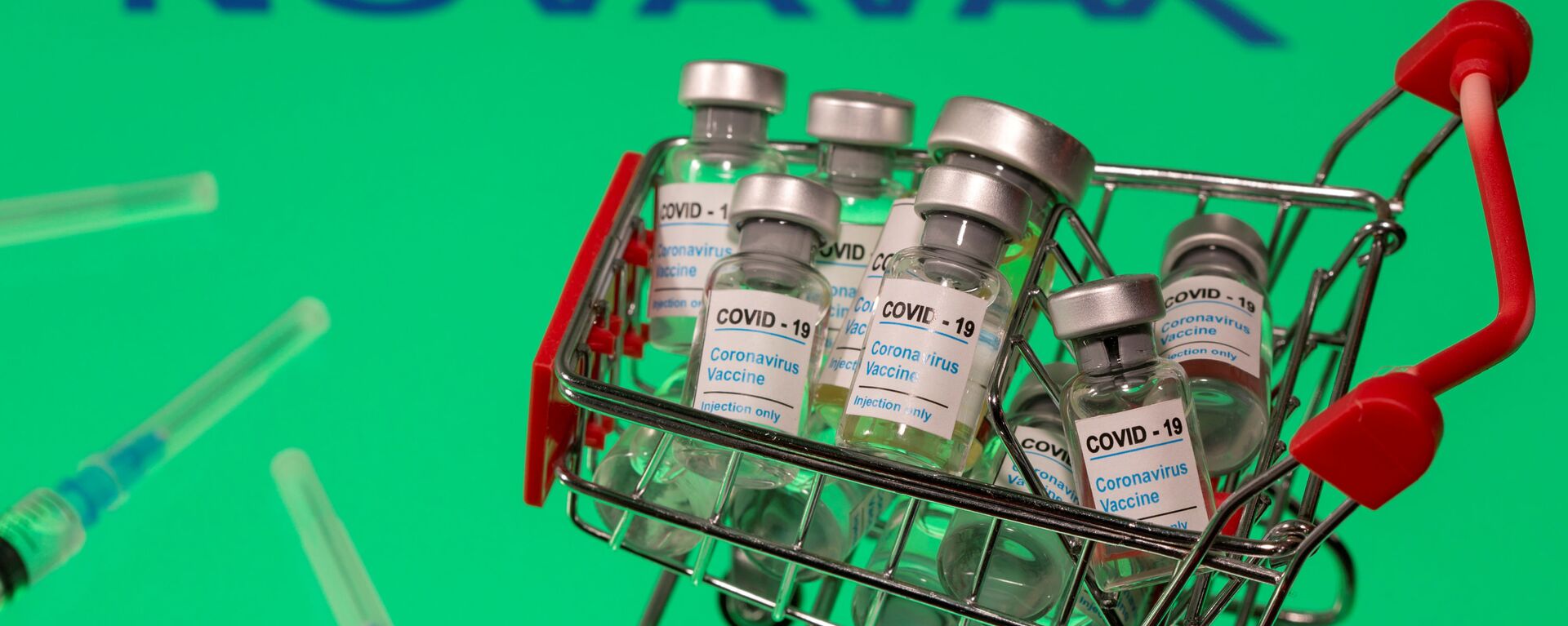 FILE PHOTO: A small shopping basket filled with vials labeled COVID-19 - Coronavirus Vaccine and medical sryinges are placed on a Novavax logo in this illustration taken November 29, 2020. Picture taken November 29, 2020. REUTERS/Dado Ruvic/Ilustration/File Photo - 俄罗斯卫星通讯社, 1920, 20.12.2021