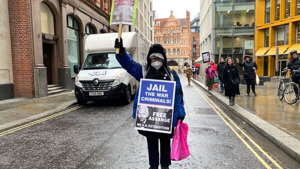 Сторонники Джулиана Ассанжа возле здания суда в Лондоне, где рассматривается дело об его экстрадиции в США - 俄罗斯卫星通讯社