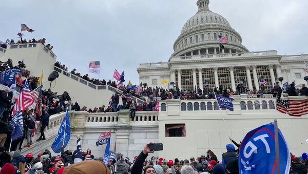 Участники акции протеста сторонников действующего президента США Дональда Трампа у здания конгресса в Вашингтоне  - 俄羅斯衛星通訊社