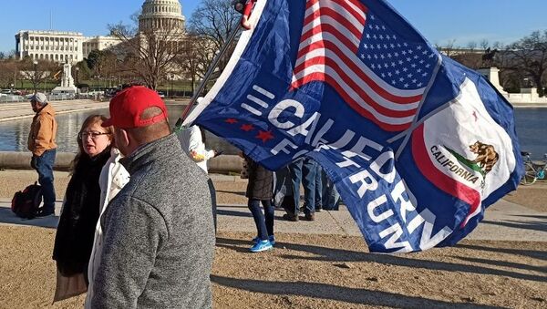 Мужчина с флагом сторонников Дональда Трампа на Капитолийском холме в Вашингтоне - 俄罗斯卫星通讯社