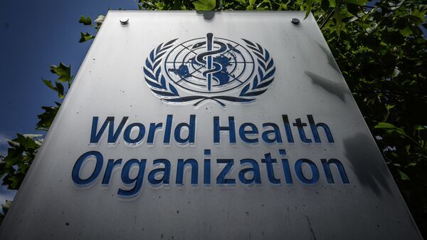This photograph taken on July 3, 2020, shows a sign of the World Health Organization (WHO) at their headquarters in Geneva, amidst the COVID-19 outbreak, caused by the novel coronavirus. - 俄羅斯衛星通訊社