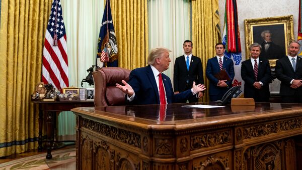 Президент США Дональд Трамп в Овальном кабинете в Белом доме, 2020 год - 俄羅斯衛星通訊社