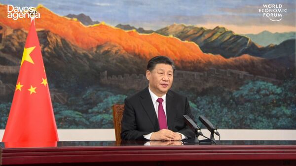 Кадр с онлайн-трансляции Всемирного экономического форума, президент Китая Си Цзиньпин выступает из Пекина, открывая полностью виртуальный Всемирный экономический форум, который обычно проходит в Давосе, Швейцария. - 俄羅斯衛星通訊社