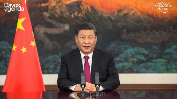 Кадр с онлайн-трансляции Всемирного экономического форума, президент Китая Си Цзиньпин выступает из Пекина, открывая полностью виртуальный Всемирный экономический форум, который обычно проходит в Давосе, Швейцария. - 俄罗斯卫星通讯社