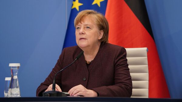 Канцлер Германии Ангела Меркель во время видеовыступления на Всемирном экономическом онлайн-форуме в Давосе - 俄罗斯卫星通讯社