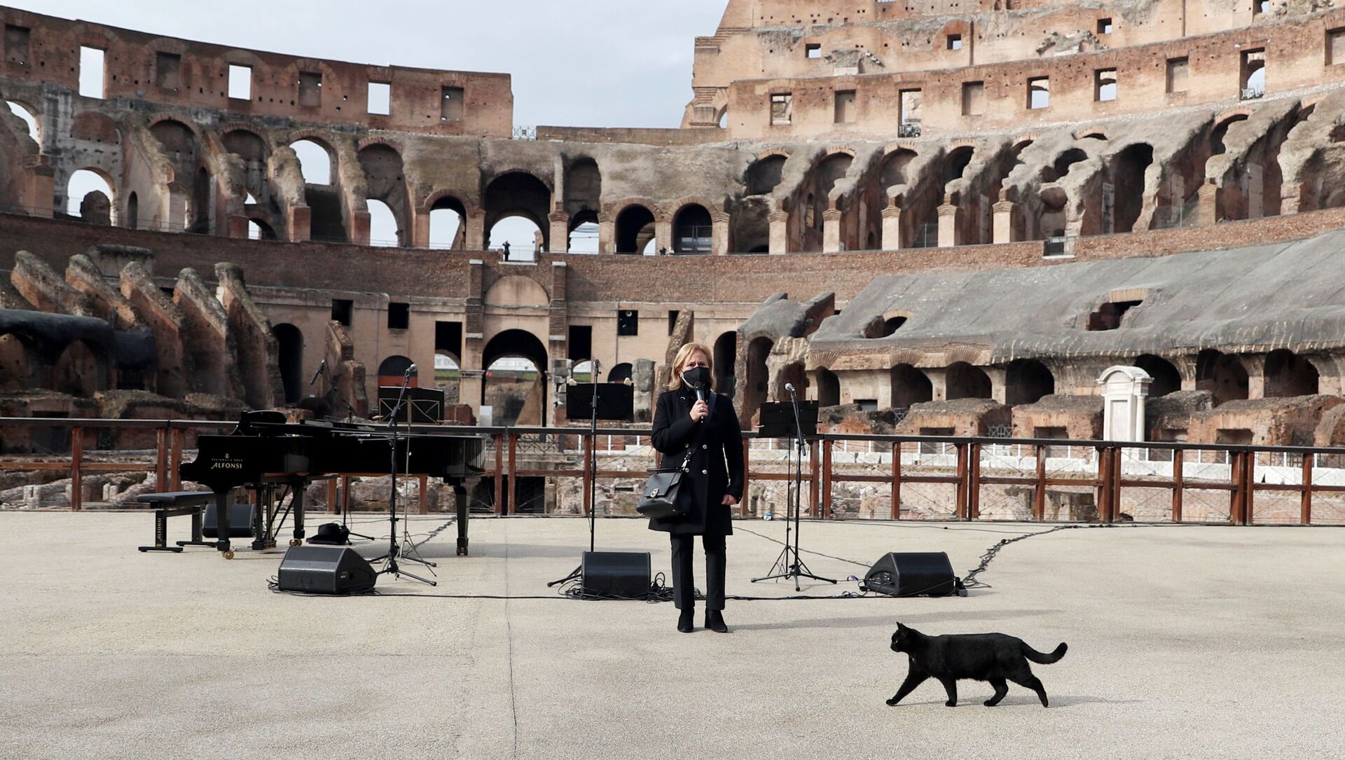 Кошка идет перед ведущей концерта в Колизее, который открылся после снятия ограничений в Риме - 俄罗斯卫星通讯社, 1920, 27.04.2021