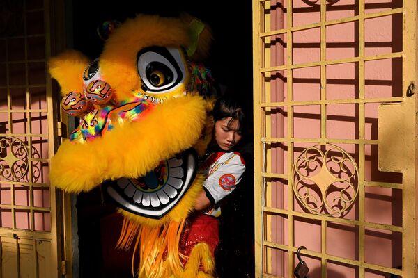 越南Tu Anh Duong学校舞狮表演中使用的脸谱面具 - 俄罗斯卫星通讯社