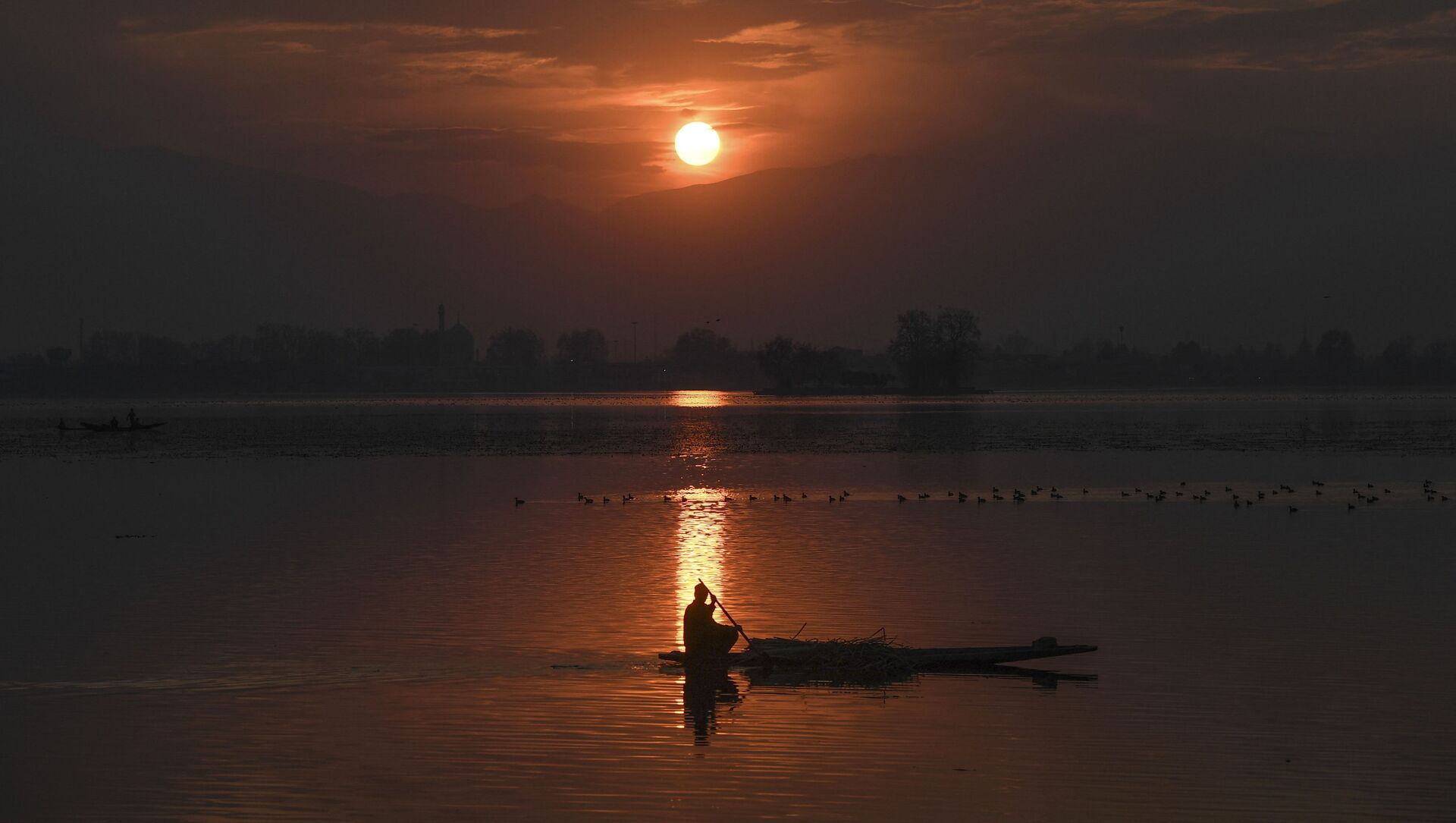 Мужчина в лодке на фоне заката в озере Дал в Шринагаре, Индия - 俄罗斯卫星通讯社, 1920, 24.11.2021