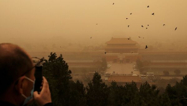 Посетитель на смотровой площадке во время песчаной бури в Пекине  - 俄羅斯衛星通訊社