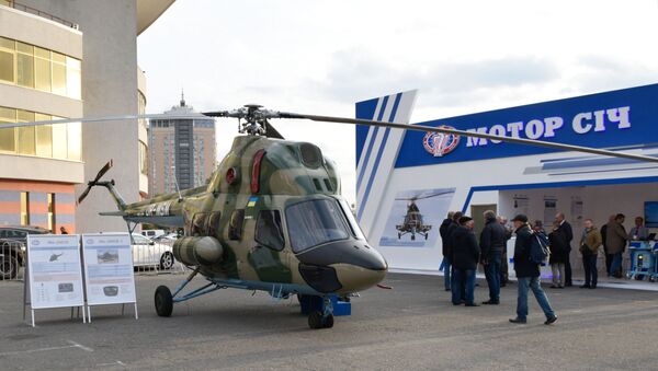 Лёгкий многоцелевой вертолёт Ми-2МСБ-1 (Мотор Сич (Украина) ), представленный на международной специализированной выставке Оружие и безопасность - 2019 в Киеве.  - 俄罗斯卫星通讯社
