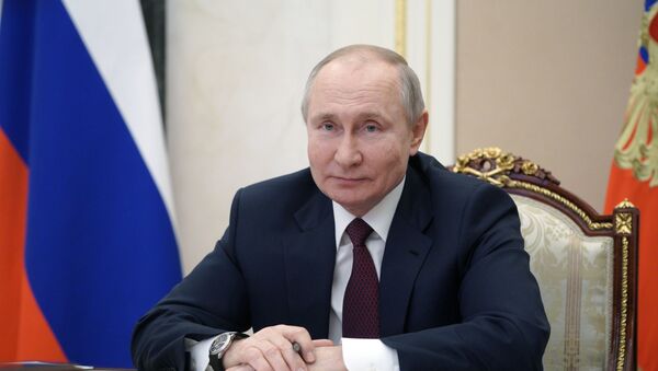 18 марта 2021. Президент РФ Владимир Путин во время встречи в режиме видеоконференции с общественностью Республики Крым и Севастополя. - 俄羅斯衛星通訊社