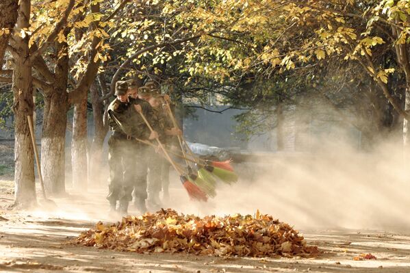 學員們打掃秋天的落葉。 - 俄羅斯衛星通訊社