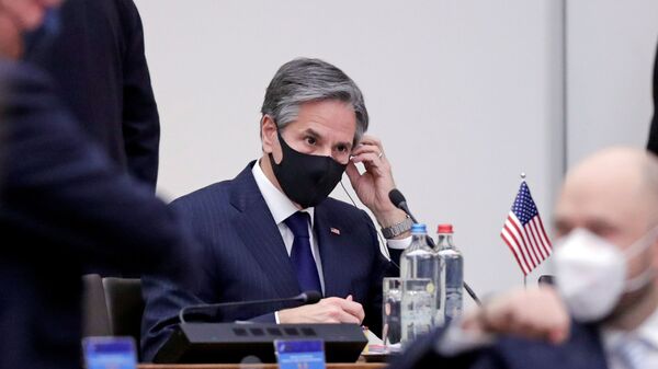 Госсекретарь США Энтони Блинкен во второй день встречи министров иностранных дел стран НАТО в штаб-квартире альянса в Брюсселе, Бельгия, 24 марта 2021 г. - 俄罗斯卫星通讯社