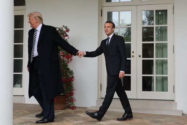 2018年，美国总统特朗普与马克龙在白宫手牵手。 - 俄罗斯卫星通讯社