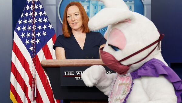 復活節兔子出現在白宮新聞秘書普薩基主持召開的簡報會上。 - 俄羅斯衛星通訊社