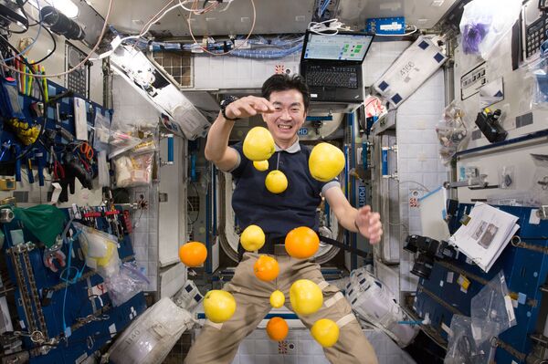 日本航天员油井龟美也在国际空间站内收集悬浮的水果。
 - 俄罗斯卫星通讯社