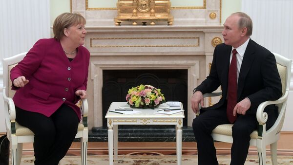 Президент России Владимир Путин и федеральный канцлер Германии Ангела Меркель во время встречи - 俄罗斯卫星通讯社