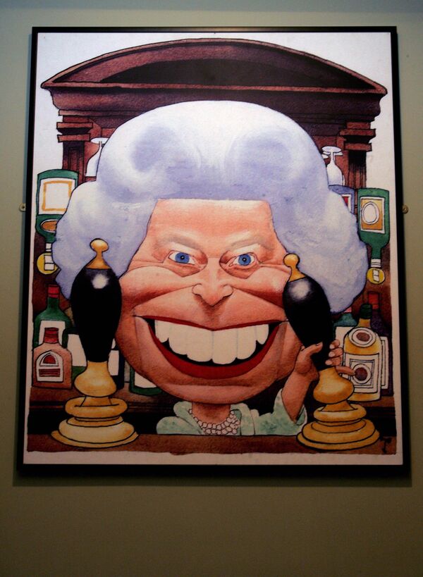 英國倫敦動畫畫廊里的英女王伊麗莎白二世的卡通畫像。 - 俄羅斯衛星通訊社