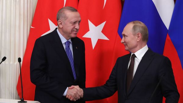 Президент РФ Владимир Путин и президент Турции Тайип Эрдоганом  - 俄罗斯卫星通讯社