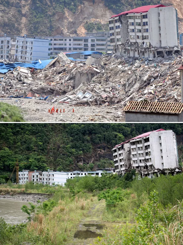 2008年震後照片（上）與2018年同一地點的對比照片。 - 俄羅斯衛星通訊社