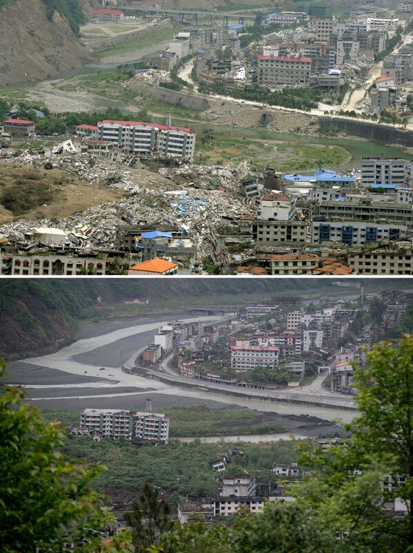 2008年震后照片（上）与2018年同一地点的对比照片。 - 俄罗斯卫星通讯社