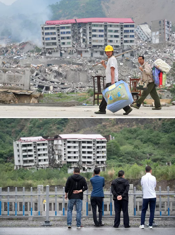 2008年震後照片（上）與2018年同一地點的對比照片。 - 俄羅斯衛星通訊社