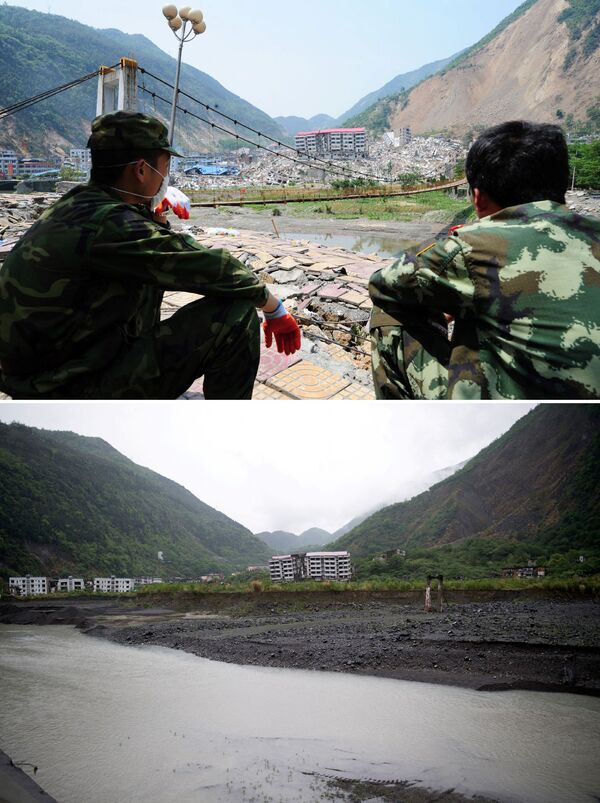 2008年北川震後照片（上）與2018年同一地點的對比照片。 - 俄羅斯衛星通訊社