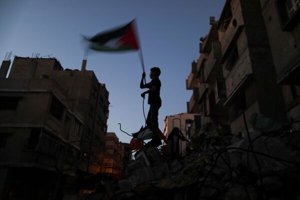 加沙兒童在廢墟中撐起巴勒斯坦國旗。
 - 俄羅斯衛星通訊社